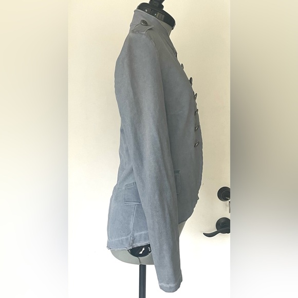 Boutique lightweight stretchy Military-style jacket, raw hem, blue-grey, M, EUC - Picture 2 of 6